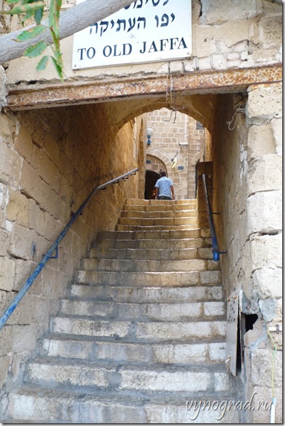 Фотография древней каменной лестницы и ссылка-напоминание, что по ней вот уже несколько веков можно с пристани подняться в Старый город Яффо, или спуститься из него прямо к морю...