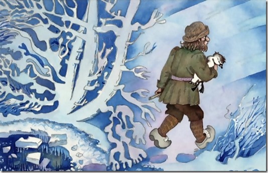 Ссылка-напоминание о том, что добрый крестьянин спас замёрзшего во льдах утёнка и отнёс домой. Иллюстрация художника Герты Портнягиной