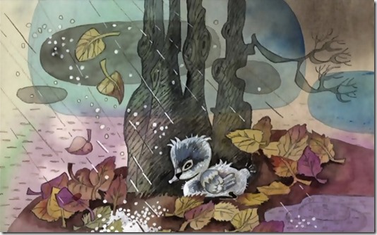 Настала осень, листья с деревьев облетели, пришли холода. Пройдите по ссылке этой Иллюстрации художника Герты Портнягиной, чтобы прочесть Пятую часть Сказки Г.Х. Андерсена *Гадкий утёнок* - *Суровые испытания*