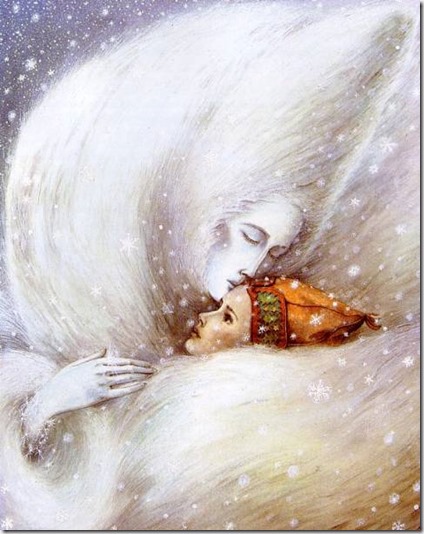 Ссылка-напоминание о том, что Кай опустился в её шубу словно в снежный сугроб... А поцелуй ледяной женщины пронизал его холодом насквозь и дошёл до самого сердца, а оно и без того уже было наполовину ледяным... Автор иллюстрации художник Анжела Барретт