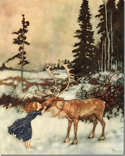 Ссылка-напоминание о том, что Северный олень добежал до куста с красными ягодами, спустил девочку на снег, поцеловал её в самые губы, и из глаз его покатились крупные блестящие слёзы... Автор иллюстрации художник Эдмунд Дюлак