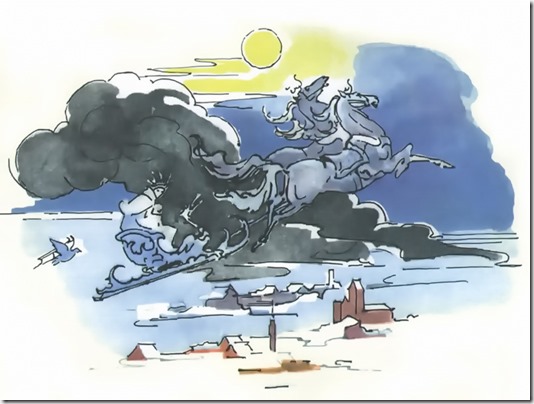 Ссылка-напоминание о том, что Снежная королева взвилась с мальчиком на тёмное свинцовое облако, и они понеслись вперёд... Автор иллюстрации художник Валерий Алфеевский