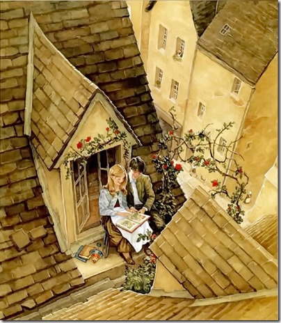 Ссылка-напоминание о том, что Кай и Герда сидели и рассматривали книжку с картинками, на больших башенных часах пробило пять... Автор иллюстрации художник Патрик Джеймс Линч