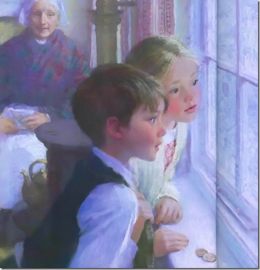 Ссылка-напоминание о том, что зимой дети нагревали на печке медные монеты и прикладывали их к замёрзшим стёклам, сейчас же оттаивало чудесное кругленькое отверстие, а в него выглядывал весёлый, ласковый глазок, - это смотрели, каждый из своего окна, мальчик и девочка, Кай и Герда... Автор иллюстрации художник Кристиан Бирмингем