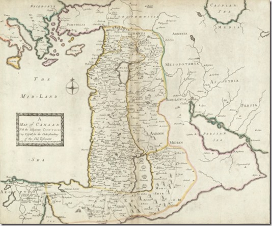 Ссылка-напоминание и Карта Земли Ханаанской, составленная английским картографом Филиппом Леа в 1692 году от Рождества Христова